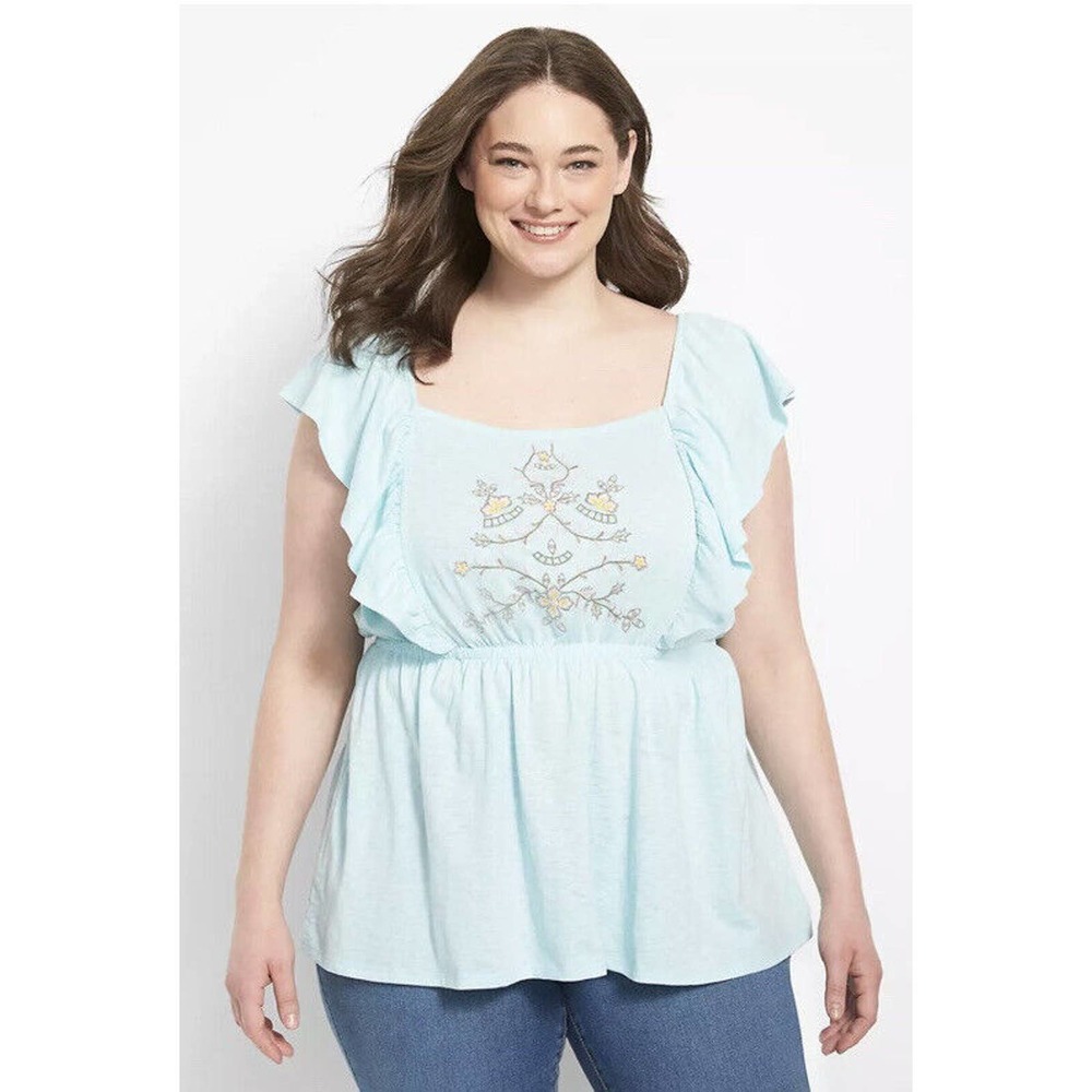 New Lane Bryant Womans Sz 14/16 Floral Tank Blue Plus Ruffle NWT
